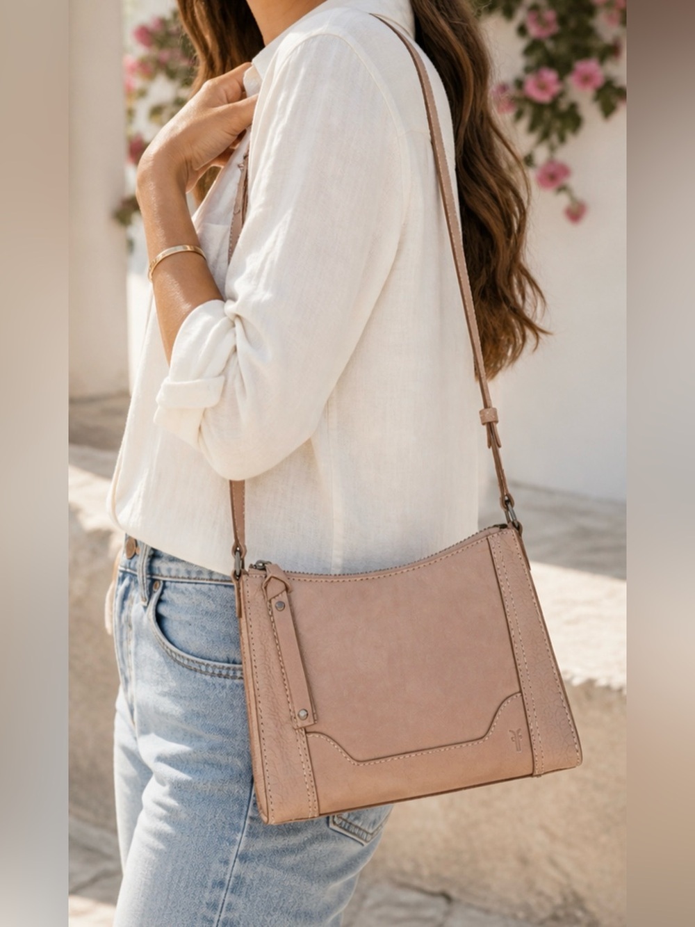 Frye Melissa Zip Crossbody Woodrose Leather Minimalist Everyday Bag Soft Neutral